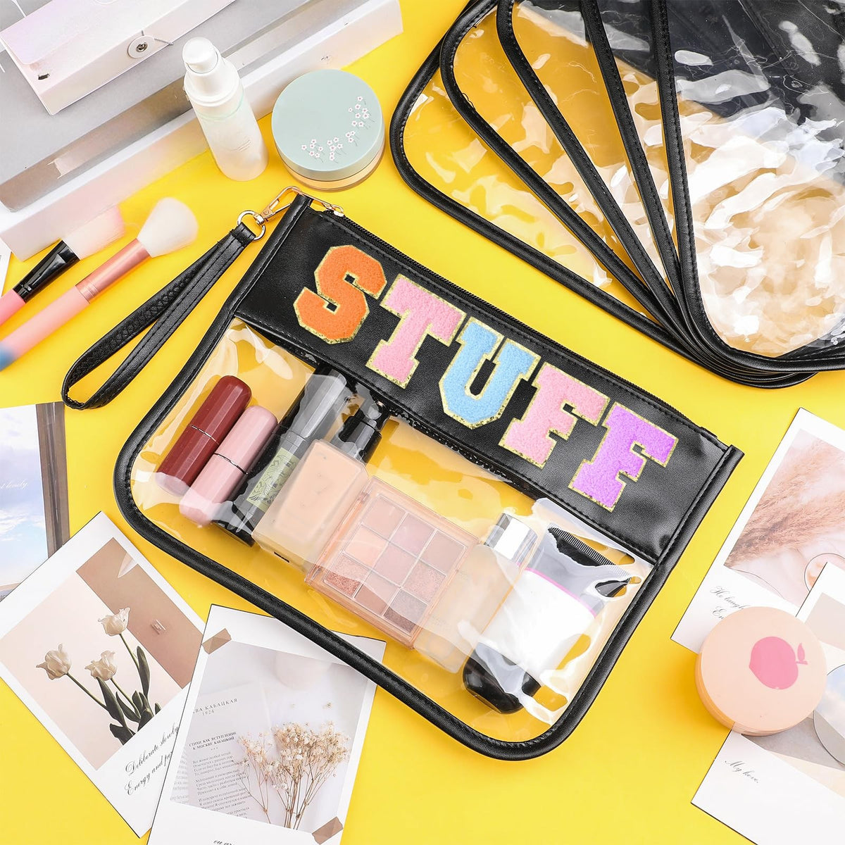 Clear Makeup Bags Set - 6 Travel Pouches with Zipper, Black