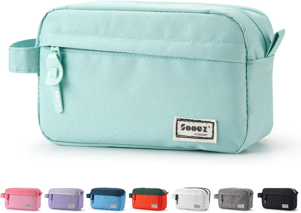 Large Mint Green Pencil Case with Handle, Multiple Compartments & Zipper