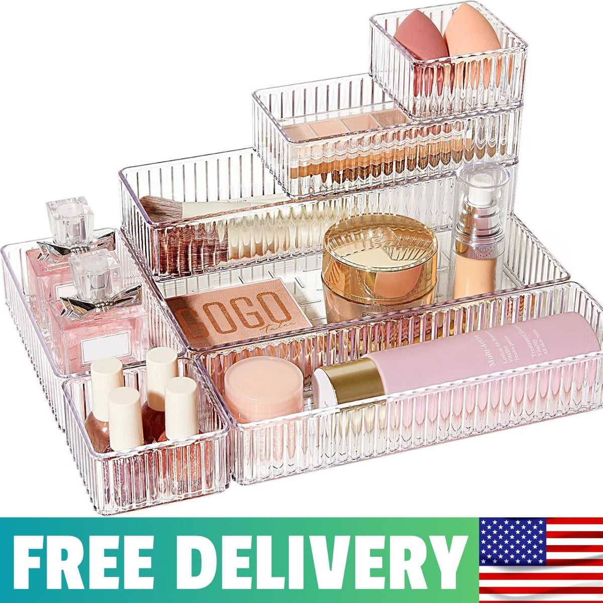 Clear Makeup Drawer Organizer Bins Set - 7 Pieces, 4 Sizes, Stackable Vanity Storage