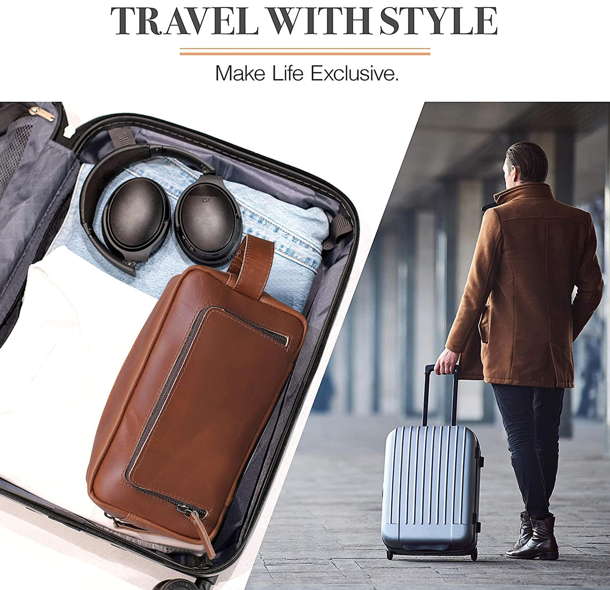 Men's Leather Travel Dopp Kit with Waterproof Interior and Multiple Compartments