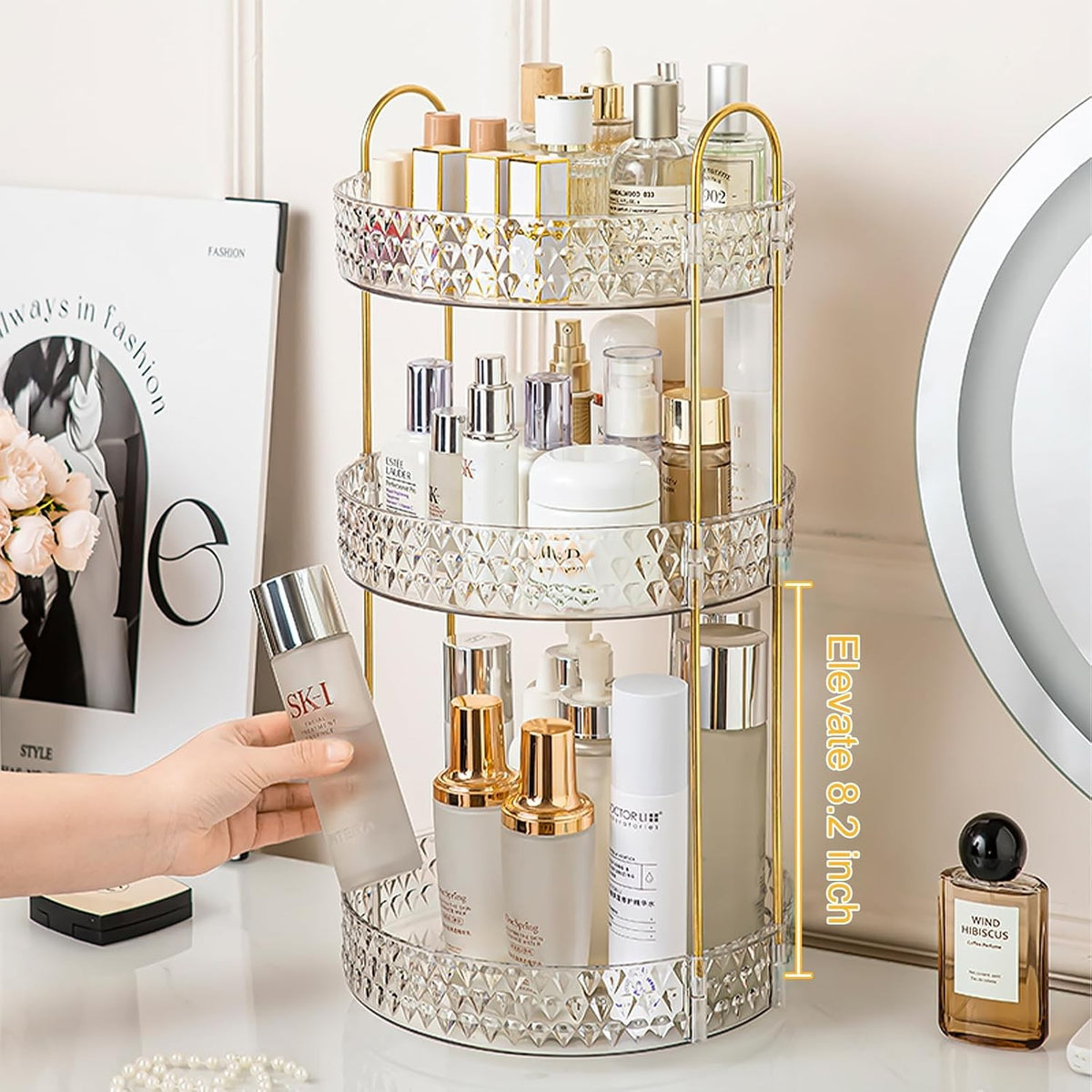 Large Capacity Rotating Makeup Organizer with Clear 3-Tier Stand