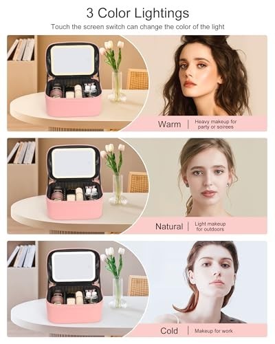 LED Makeup Bag with Light Up Mirror, Travel Cosmetic Organizer, Rechargeable