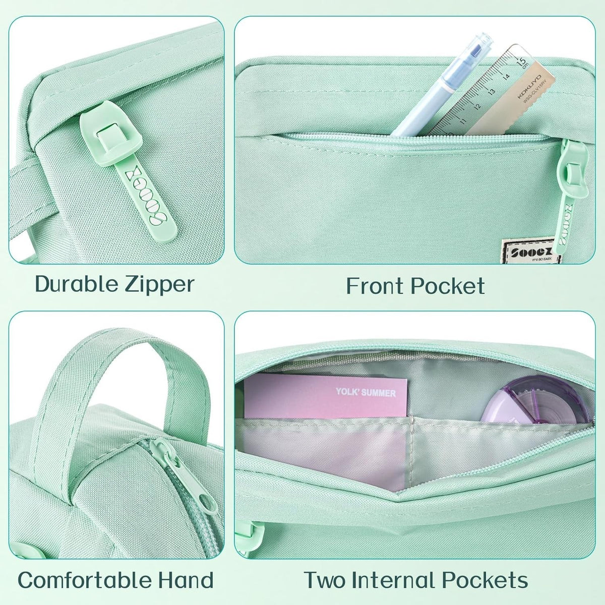 Large Mint Green Pencil Case with Handle, Multiple Compartments & Zipper