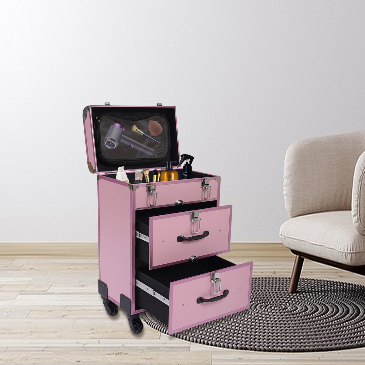 Professional Rolling Makeup Trolley Case with Multi-Layer Storage - Travel Cosmetic Organizer