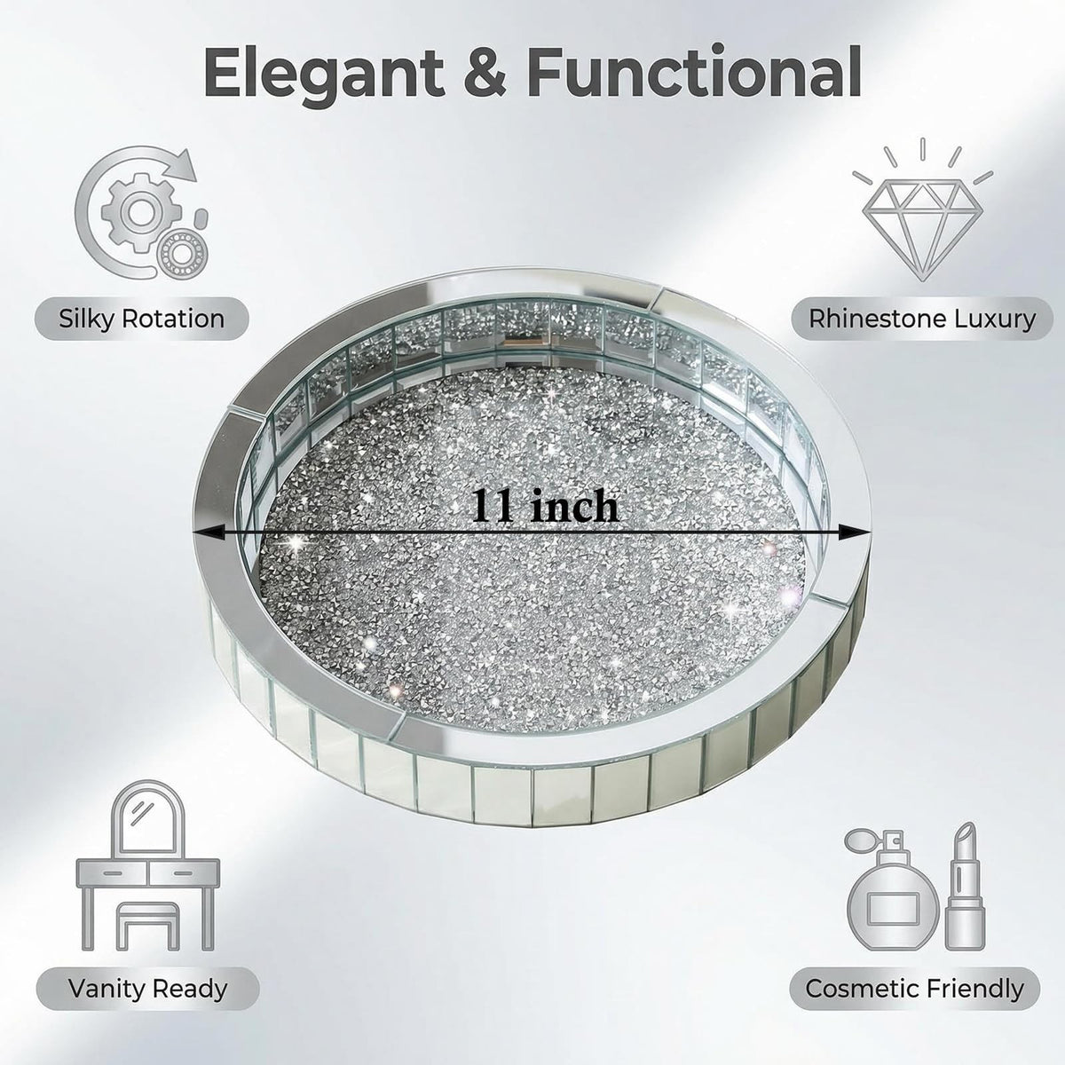 11-Inch Rotating Glass Makeup & Perfume Organizer Vanity Tray Silver