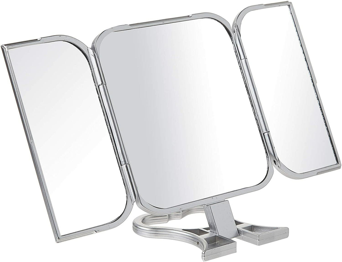 Tri-Fold 3-Way Handheld or Stand Makeup Shaving Mirror with Heart Stand