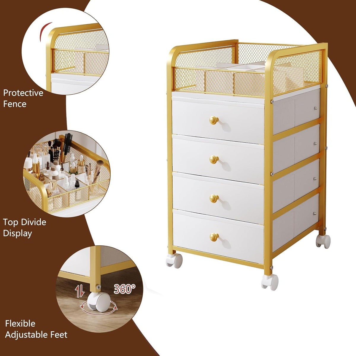 Rolling Makeup Organizer Cart with 4 Drawers and Lockable Wheels - Space Saving Vanity Storage