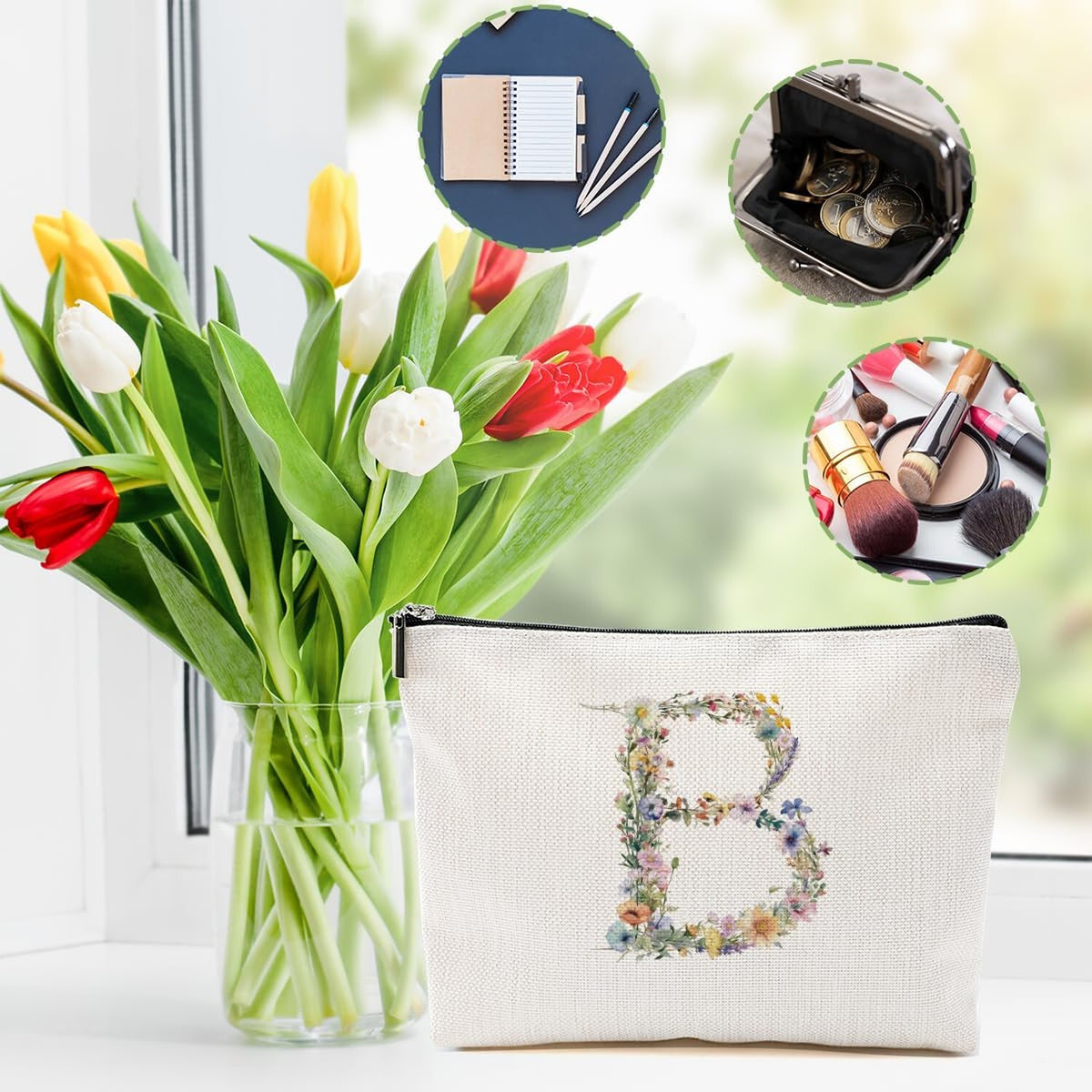 Personalized Flower Initial Makeup Bag - Monogram Cosmetic Pouch for Women & Girls