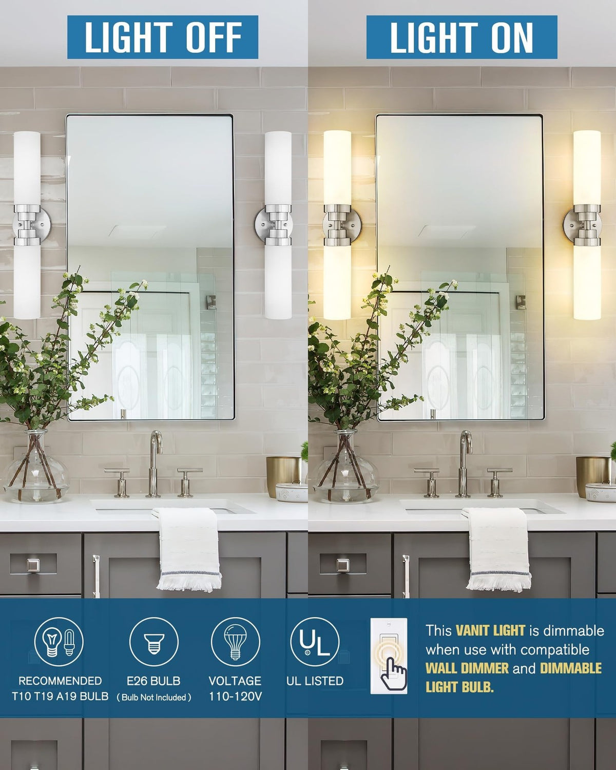 2-Light Modern Brushed Nickel Bathroom Vanity Light Fixture 22 Inch Wall Sconce