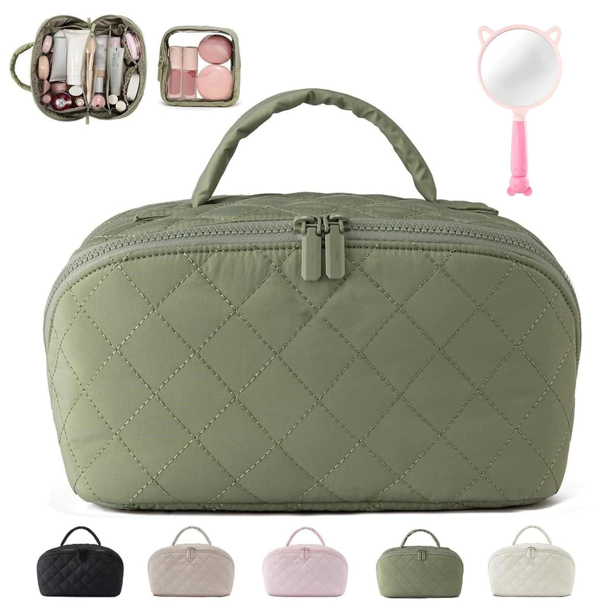 Travel Makeup Bag with 180° Flat Opening and Waterproof TPU - Green
