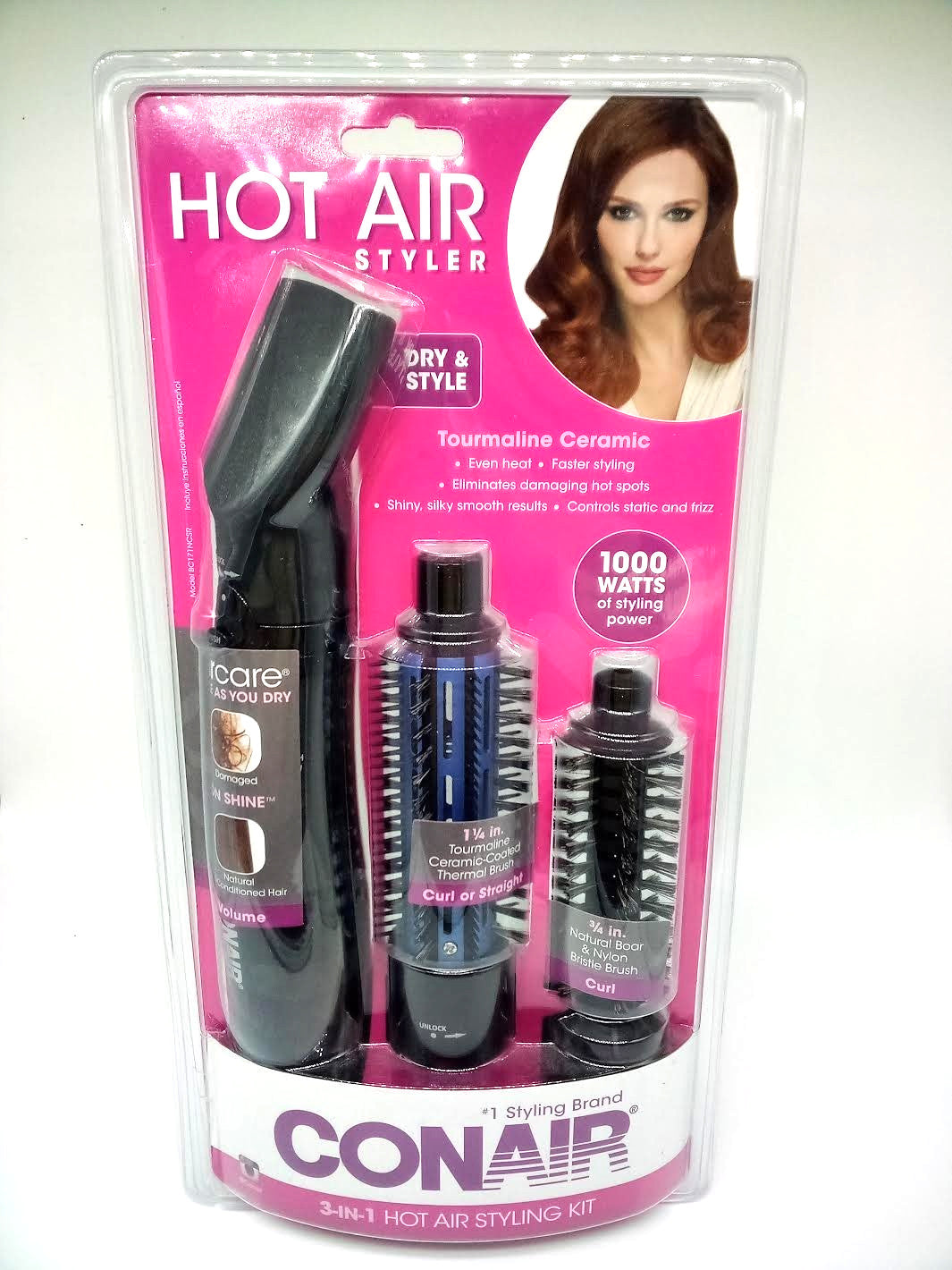 Hair Styling Curling Iron Kit 3-in-1 Hot Air 1000W Tourmaline Ceramic 3/4 & 1 1/4 Inch