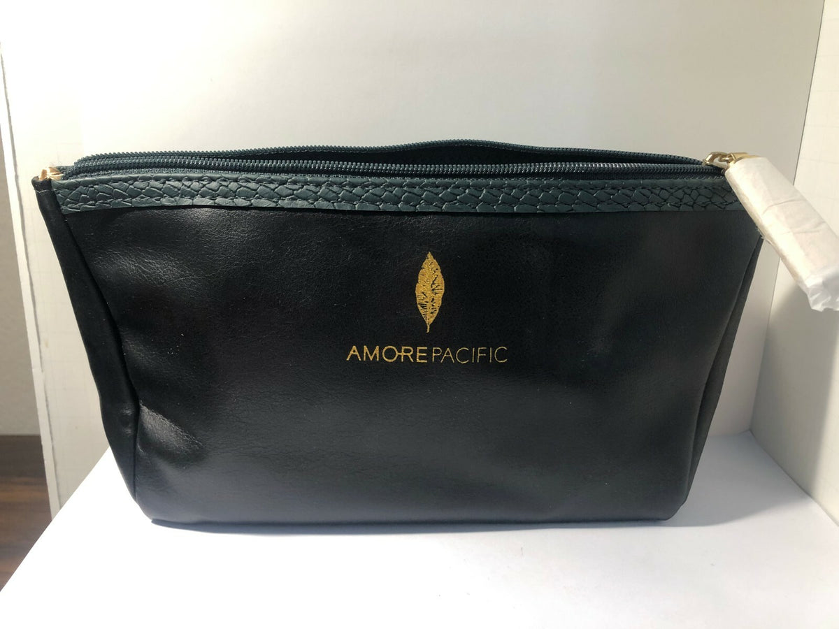 Cosmetic Makeup Bag Faux Leather with Green Zipper - Black