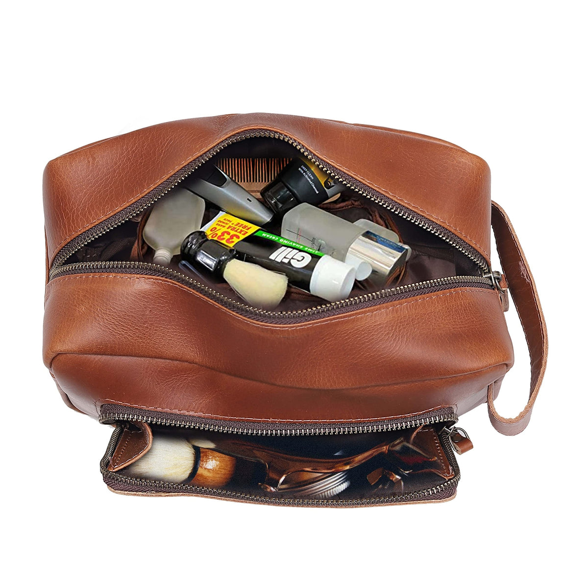 Men's Leather Travel Dopp Kit with Waterproof Interior and Multiple Compartments