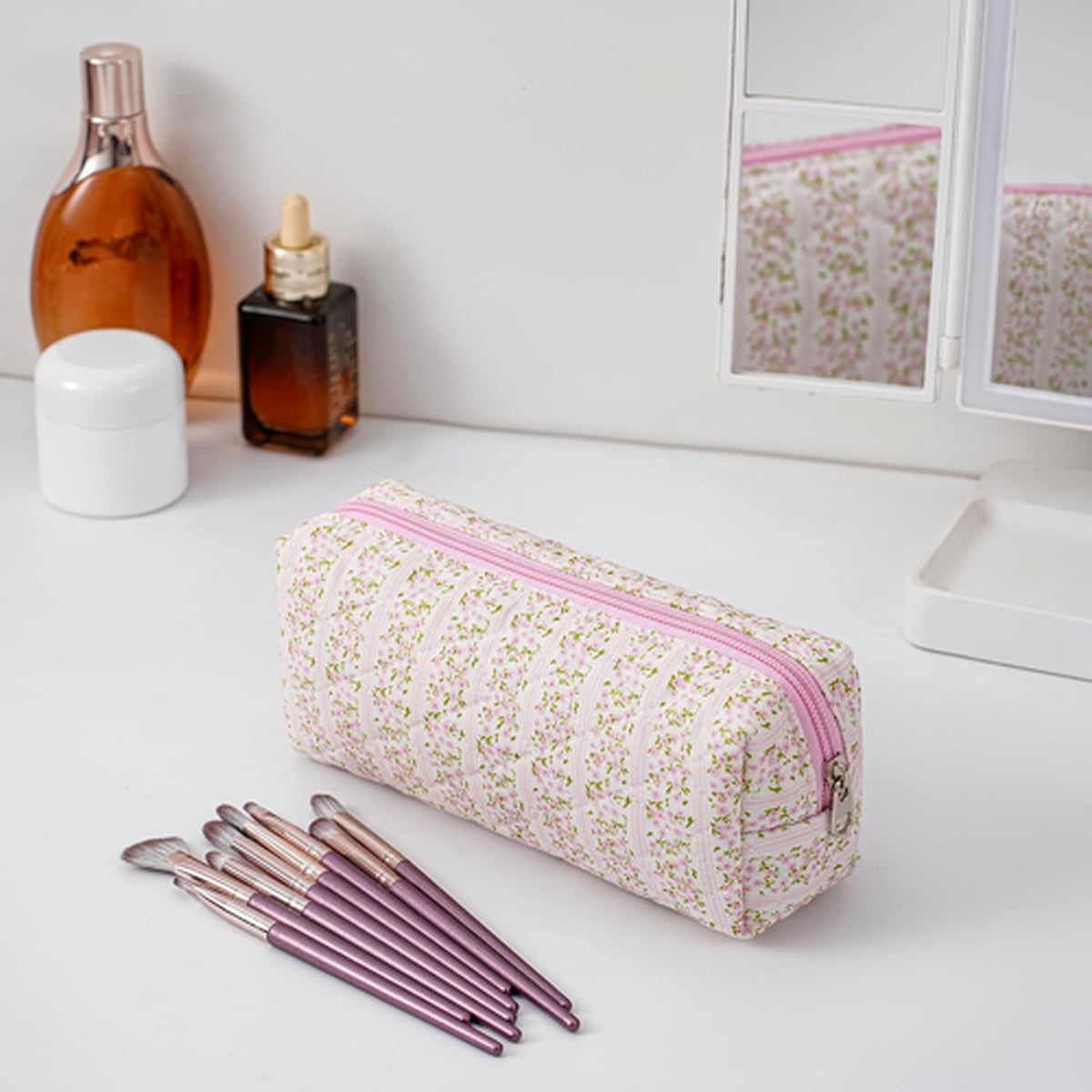 Pink Floral Cotton Makeup Bag with Brush Organizer Travel Case