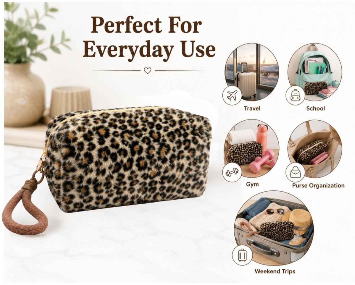 Leopard Plush Cosmetic Travel Toiletry Makeup Bag with Wristlet - Beige