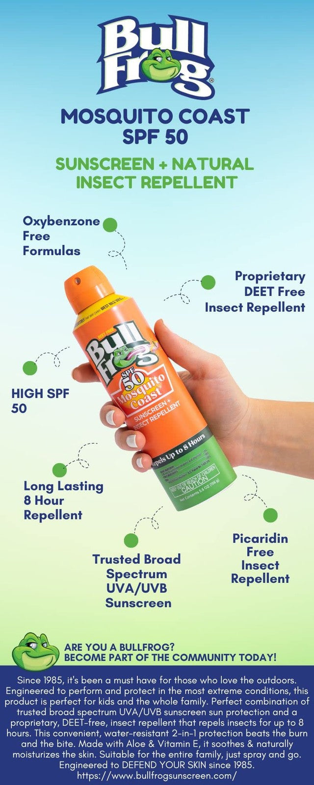 Bullfrog Mosquito Coast Sunscreen SPF50 Plus Insect Repellent 5.5oz Pack of 2