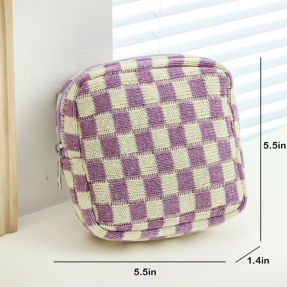 Mini Checkered Cosmetic Bag for Women - Purple Makeup Pouch with Zipper