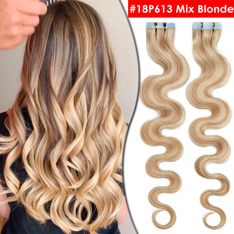 Full Head Thick Tape-In Human Hair Extensions - Remy Wavy Skin Weft