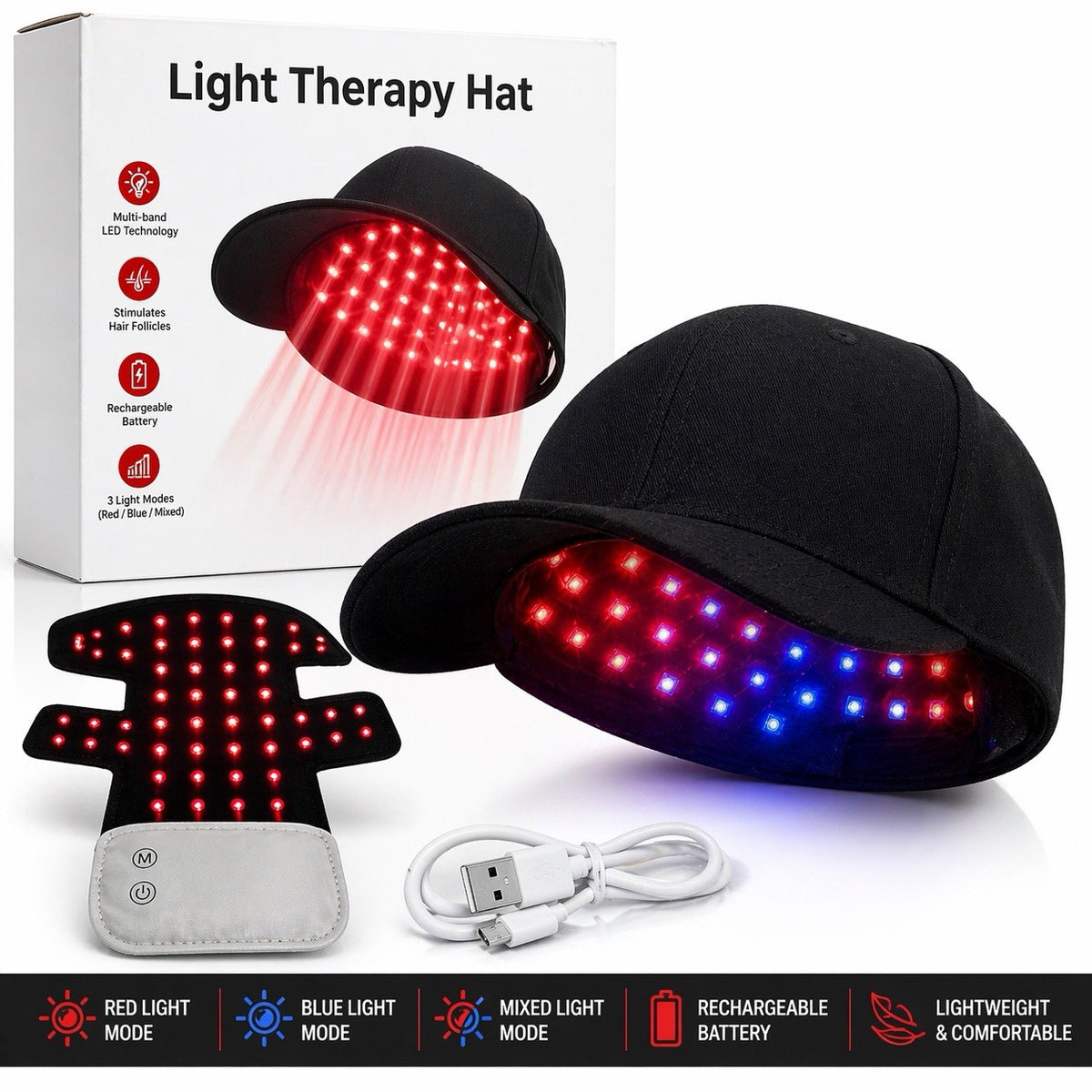 LED Hair Growth Light Therapy Hat - Red & Blue Light, Rechargeable