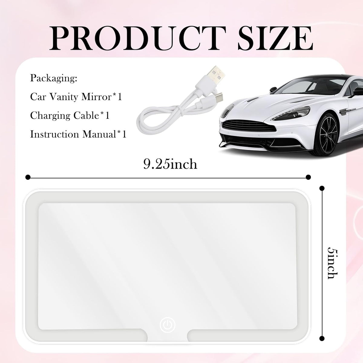 Rechargeable LED Car Vanity Mirror with Lights Touch Control White