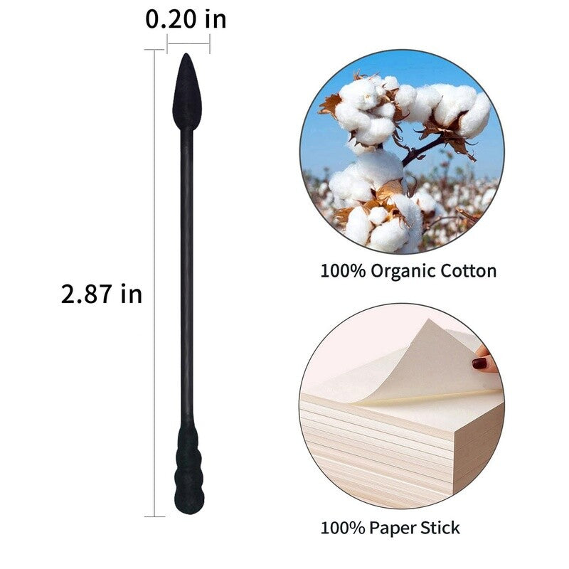 Organic Cotton Swabs with Spiral Tip - Lint-Free, Charcoal Infused, 200 Count