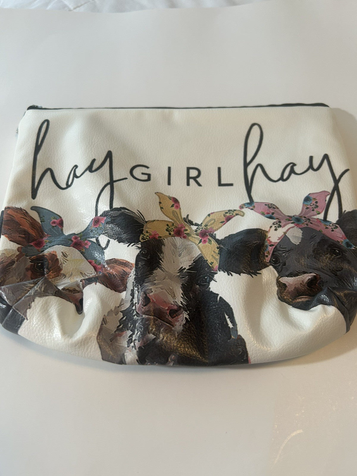 Hay Girl Hay Zippered Cosmetic Bag 8 x 10" - Faux Leather Canvas Tote