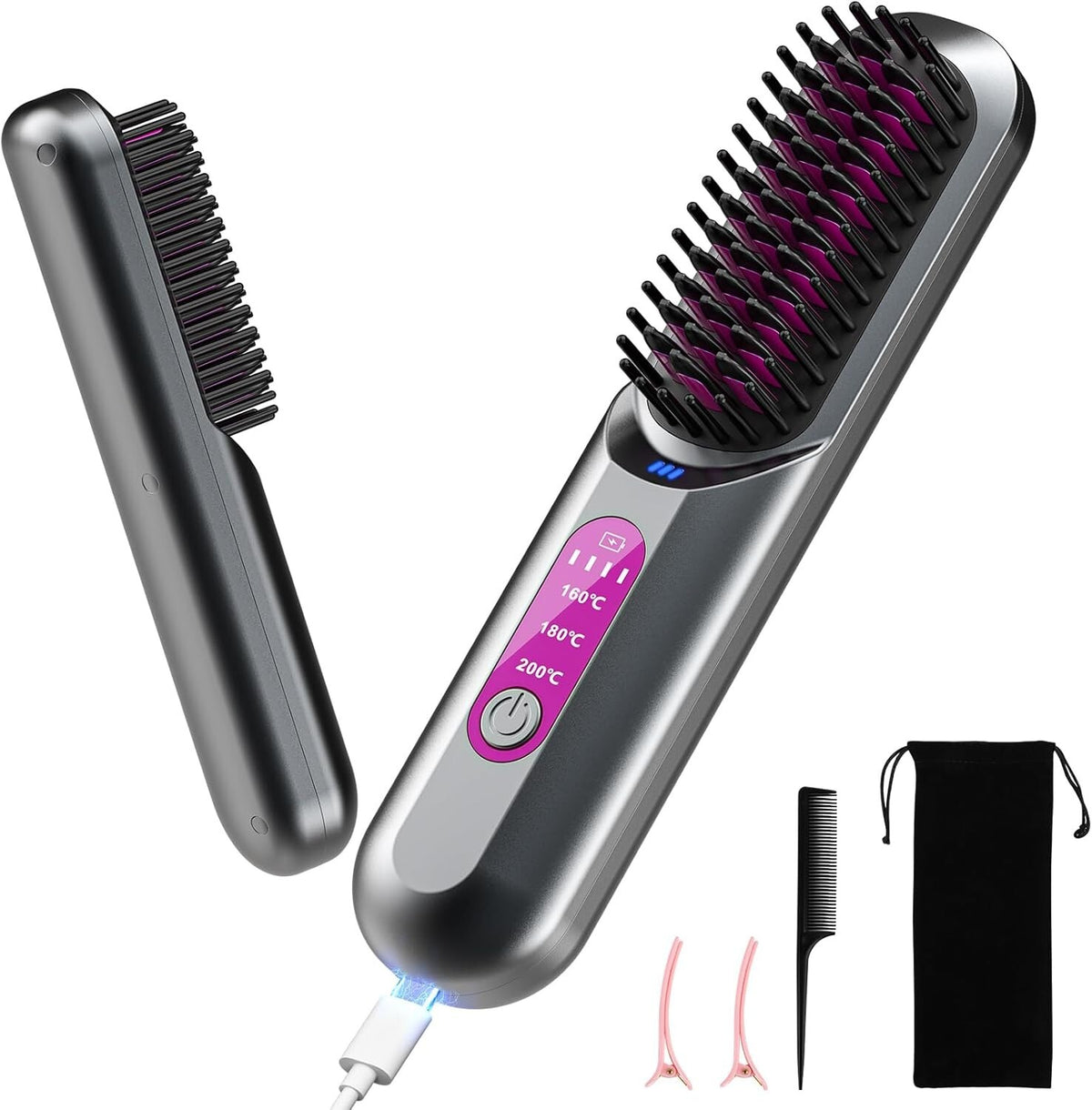 Cordless Hair Straightening Brush with Ion Care - 3 Temp Ceramic Glow