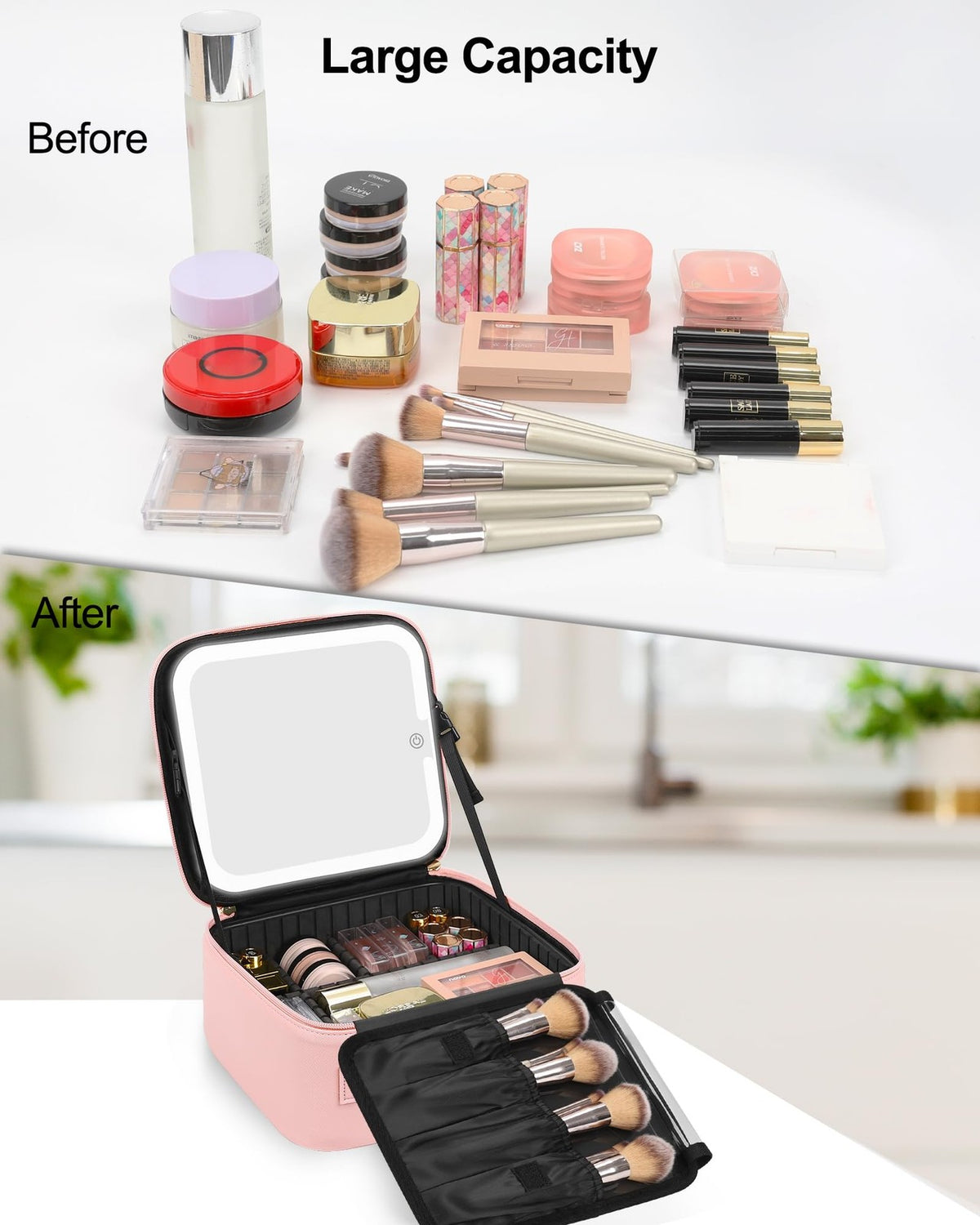 LED Mirror Makeup Bag with Adjustable Dividers, Waterproof Travel Cosmetic Organizer for Women & Girls