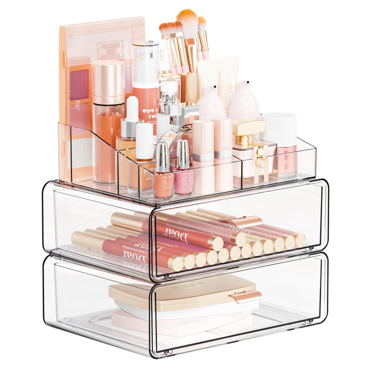 Acrylic Makeup Organizer with 2 Drawers and 8 Compartments, Countertop Storage