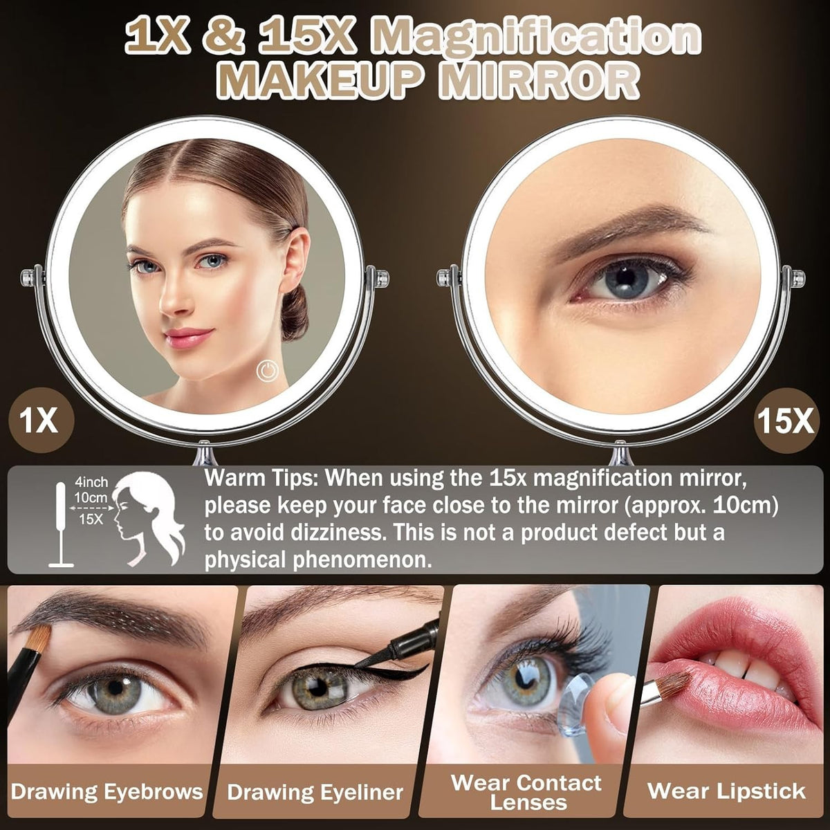 Wall Makeup Mirror with LED Light, 20cm Dual-Sided 15x Magnification