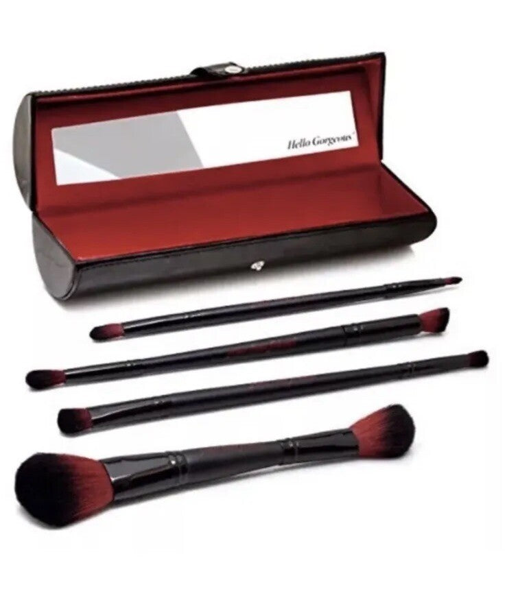 Double Ended Makeup Brush Set with Mirrored Black Carry Case