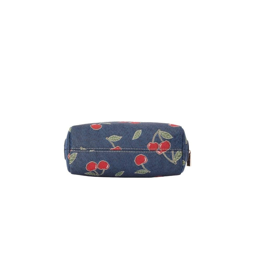 Travel Cosmetic Bag with Cherry Design - Blue Tapestry & Vegan Leather Trim