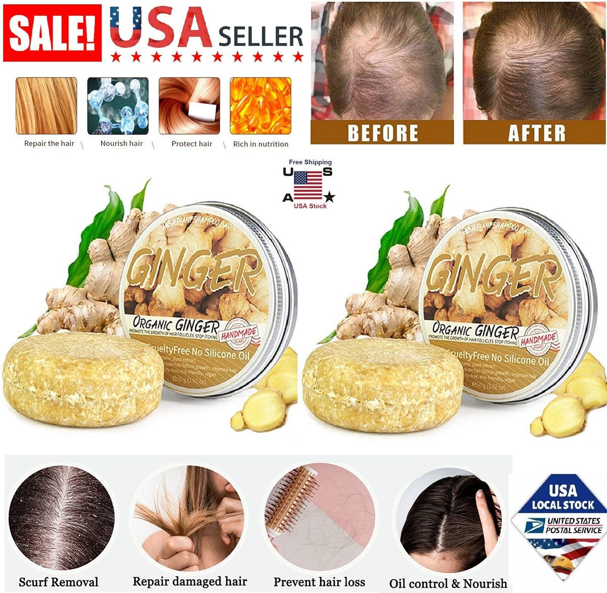 Organic Ginger Hair Regrowth Shampoo Bar - Promotes Hair Growth & Scalp Care (Pack of 1 or 2)