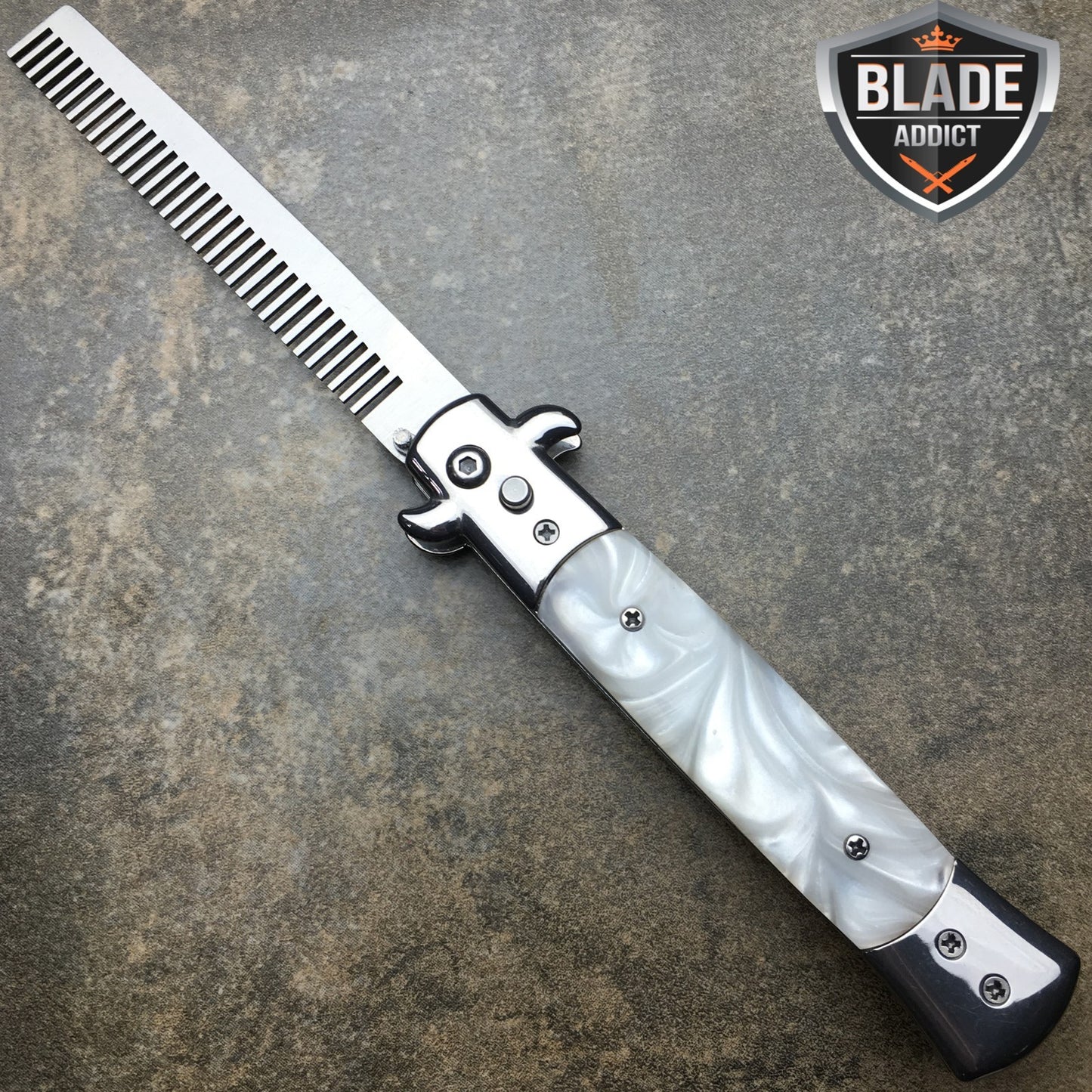 Automatic Push Button Folding Comb Switchblade Knife with White Swirl Brush Handle