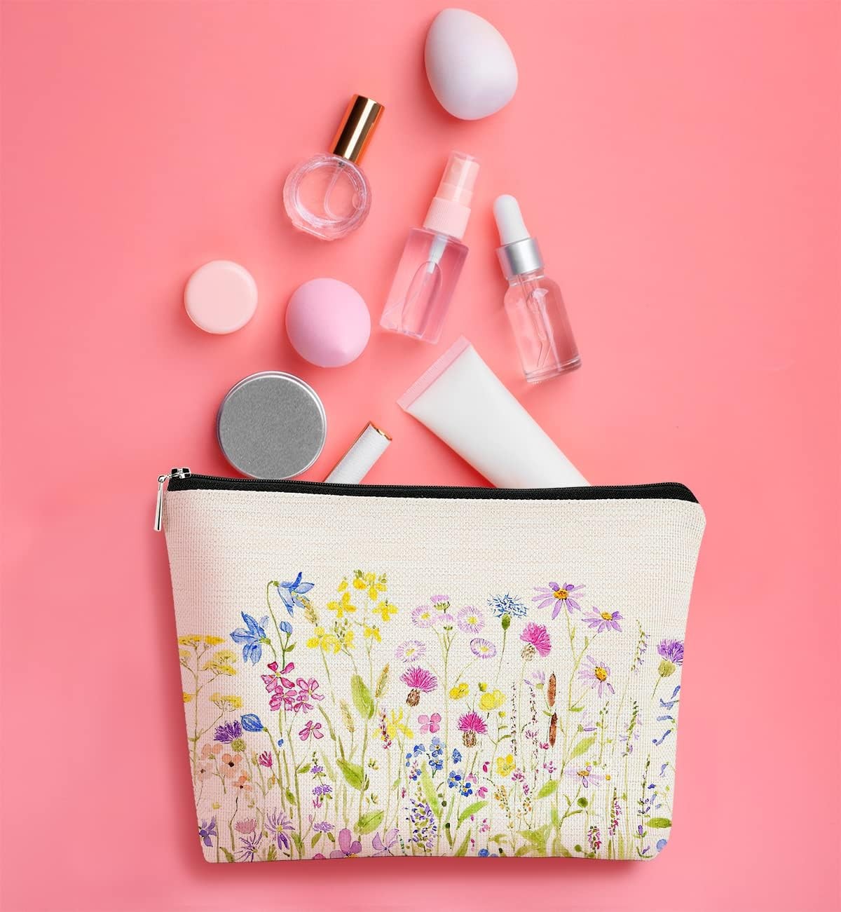 Colorful Wildflowers Makeup Bag - Watercolor Meadow Floral Travel Organizer