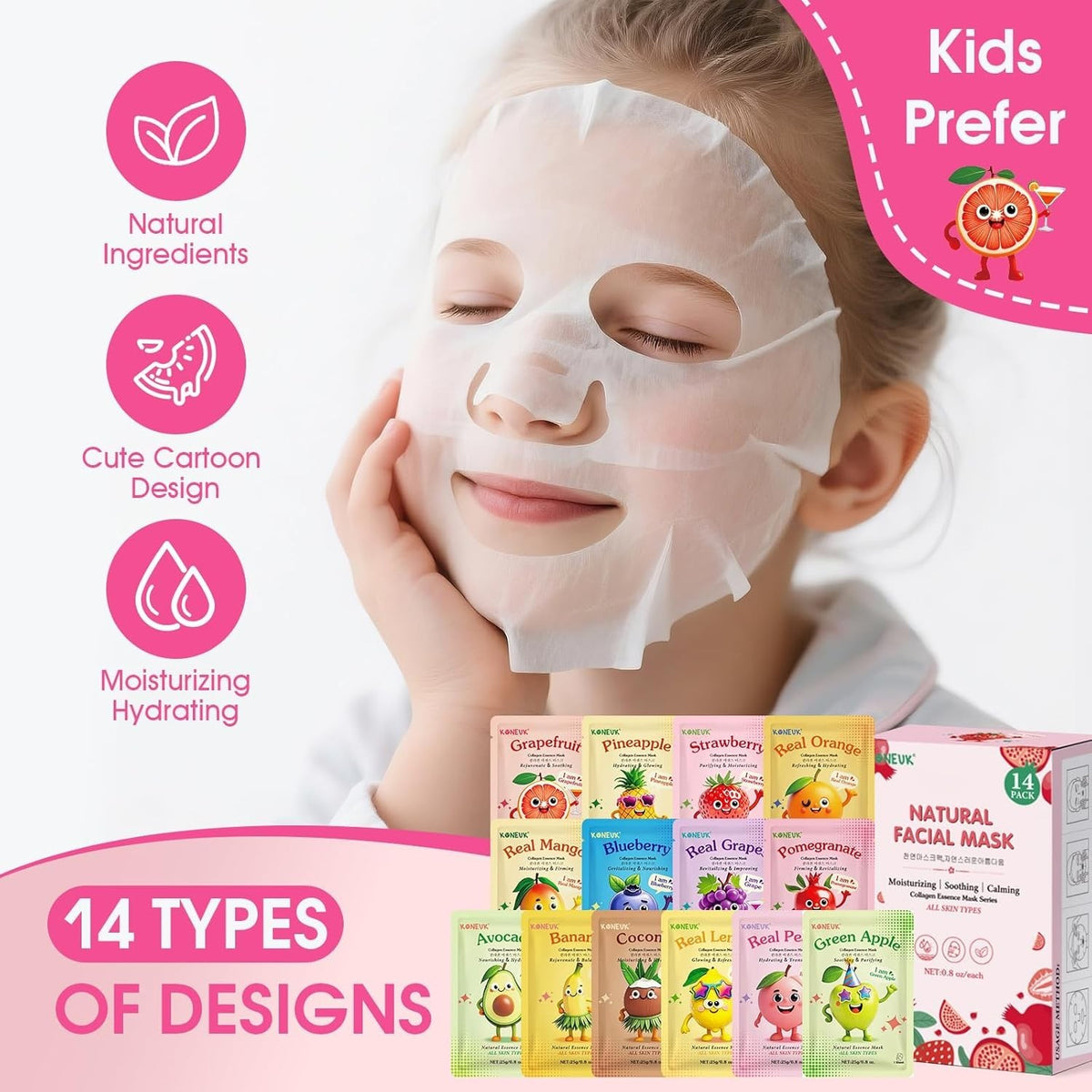 Fruit Face Masks Pack - 14 Hydrating Sheet Masks for Kids