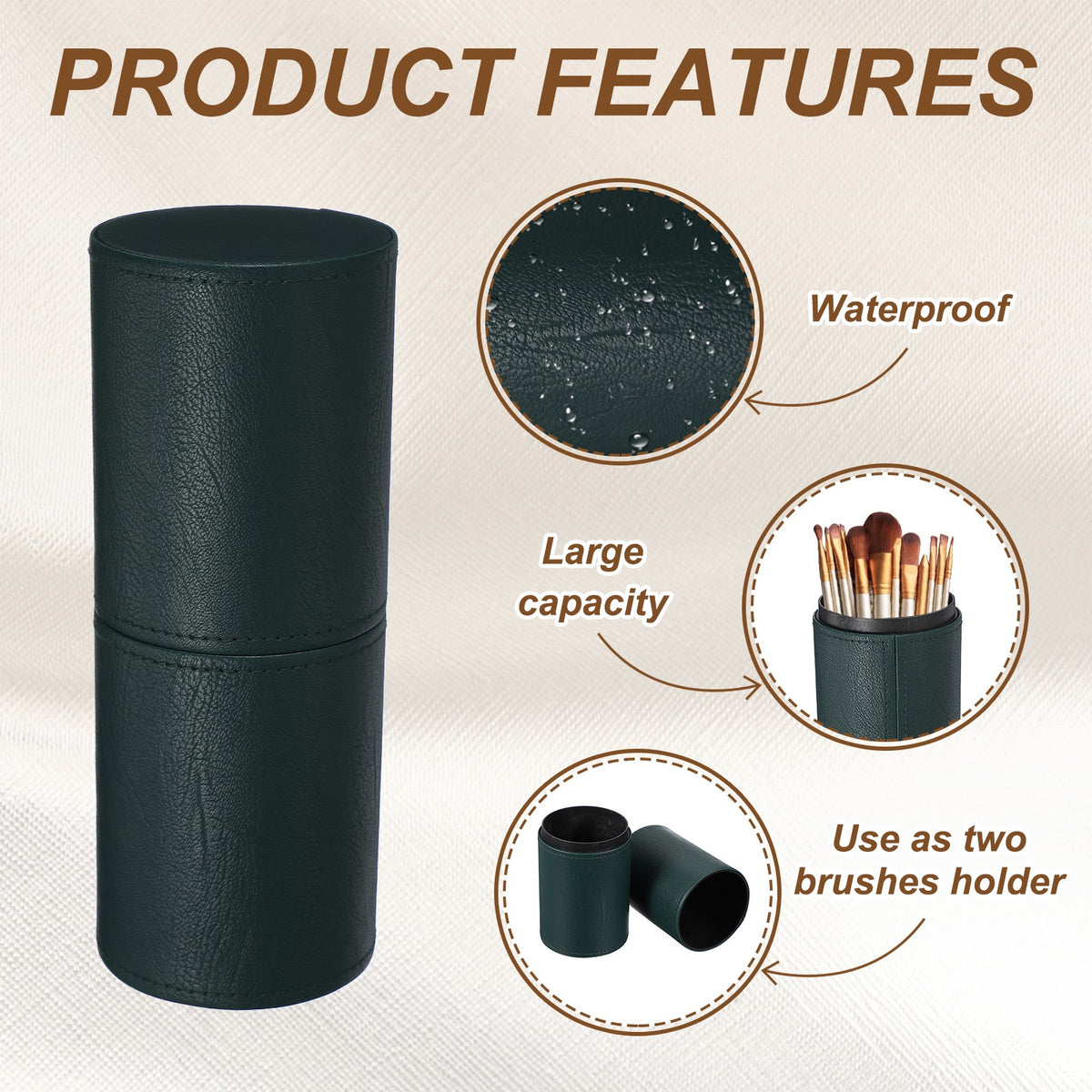 8.07-Inch Portable Makeup Brush Holder Waterproof PU Leather Organizer Dark Green