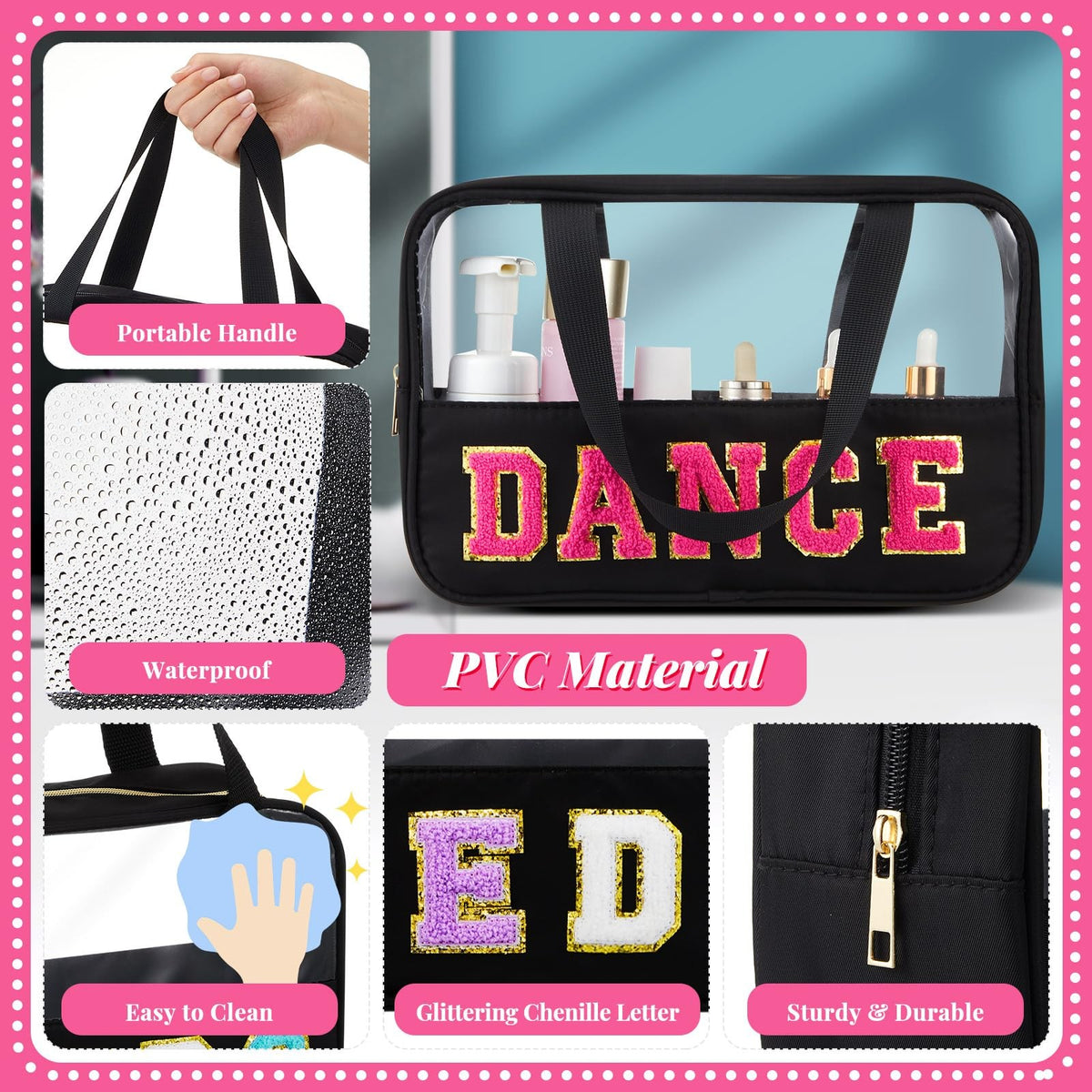 Clear Travel Toiletry Bag for Women with Handle & Zipper - Waterproof Nylon Cosmetic Organizer