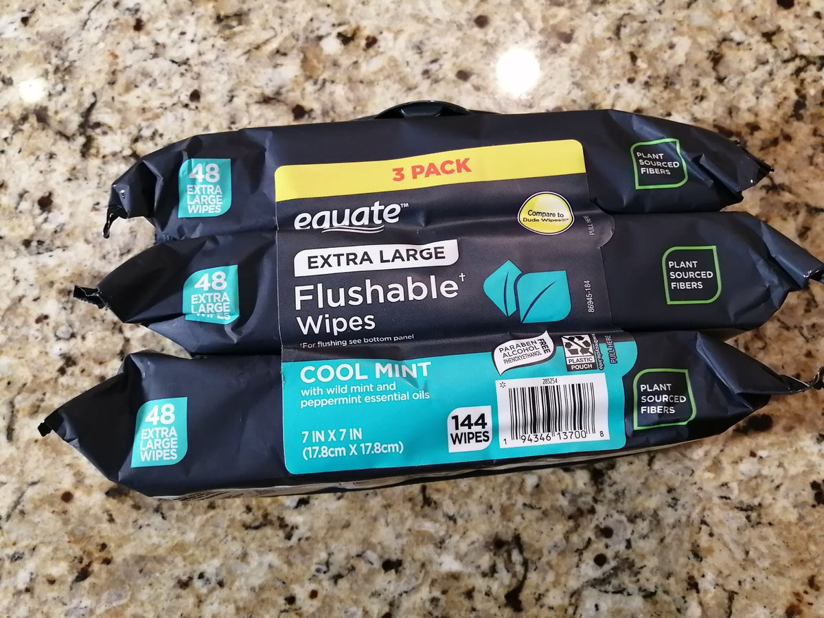 Extra Large Flushable Personal Wipes - Cool Mint, 7x7 Inches, 48 Count, 3 Pack