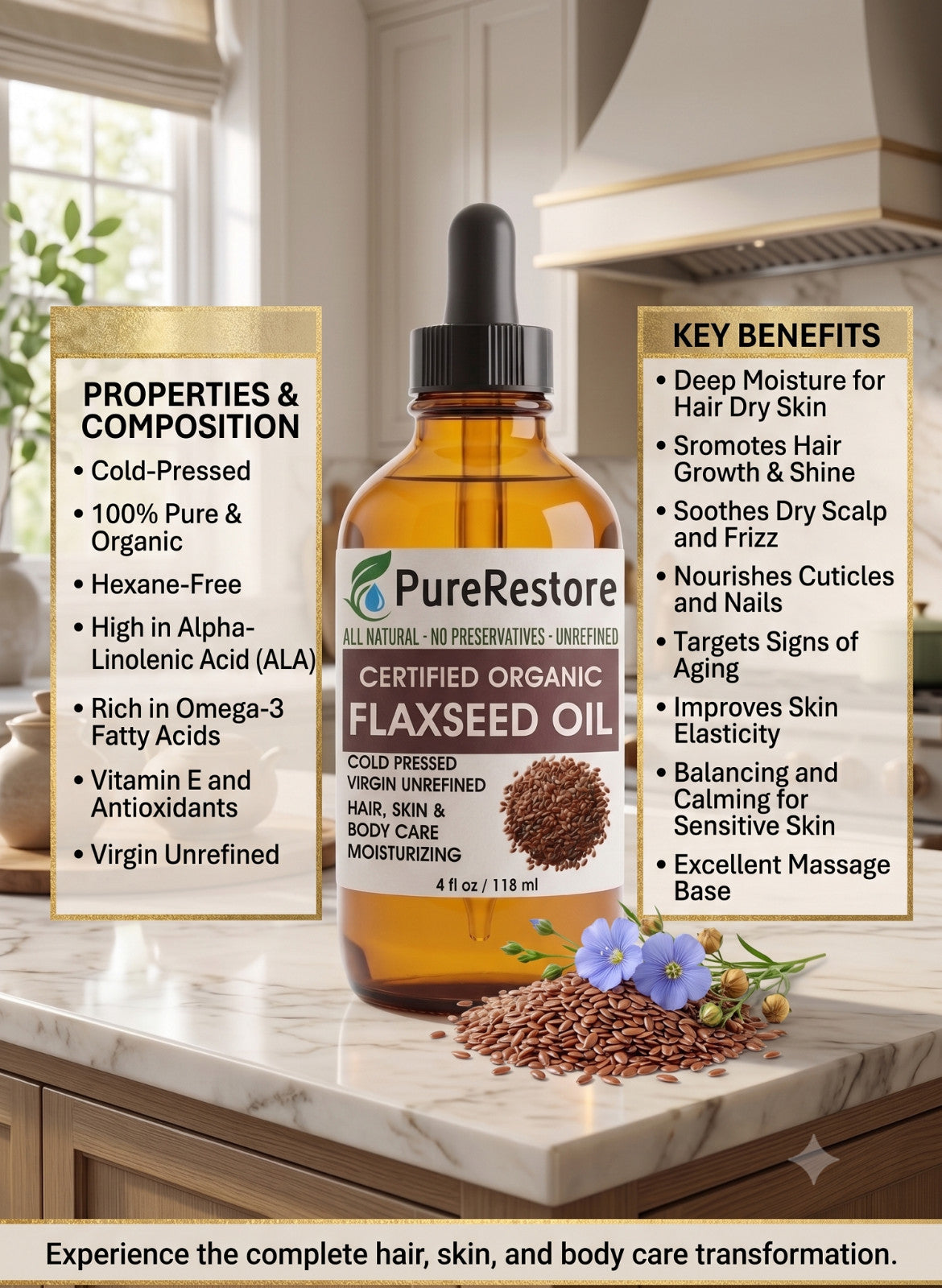 Flaxseed Oil Cold-Pressed Organic Carrier Oil for Skin & Hair - 100% Pure