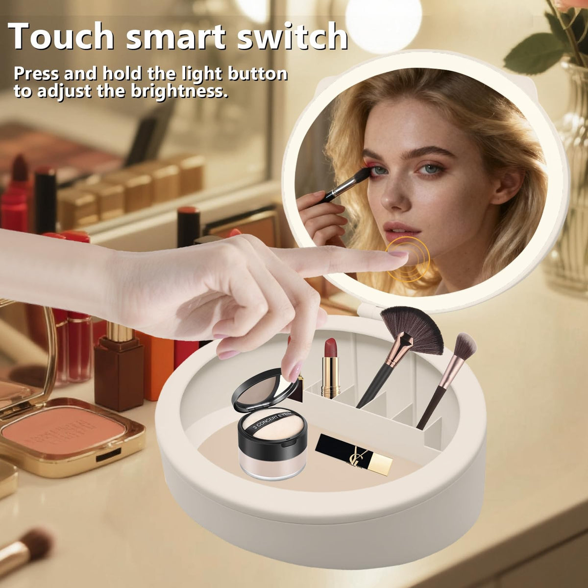 LED Makeup Mirror with Storage - 10X/1X Magnification, 66 LED Lights, Dimmable, USB Rechargeable, Portable Vanity Mirror