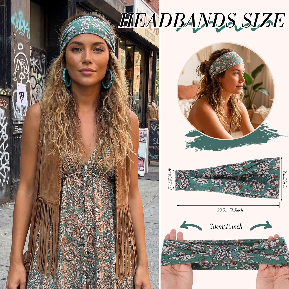 6Pack Boho Wide Headbands for Women, 9.2 inches x 4.7", Bohemian Print