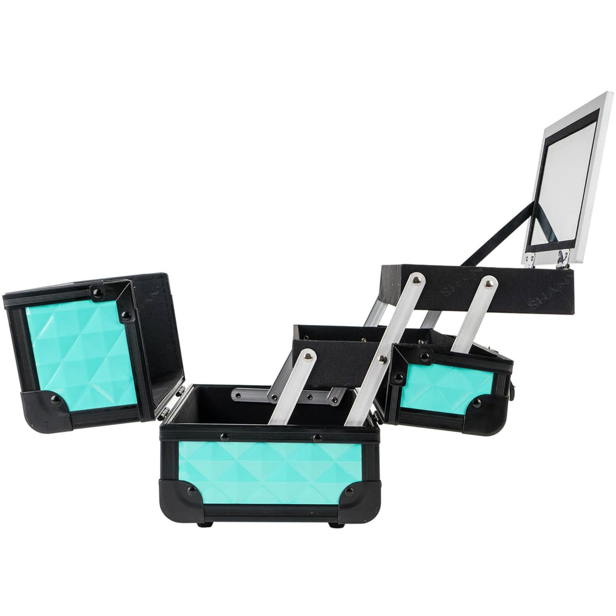Portable Makeup Case with Mirror Turquoise Travel Cosmetic Organizer with Lock and Trays