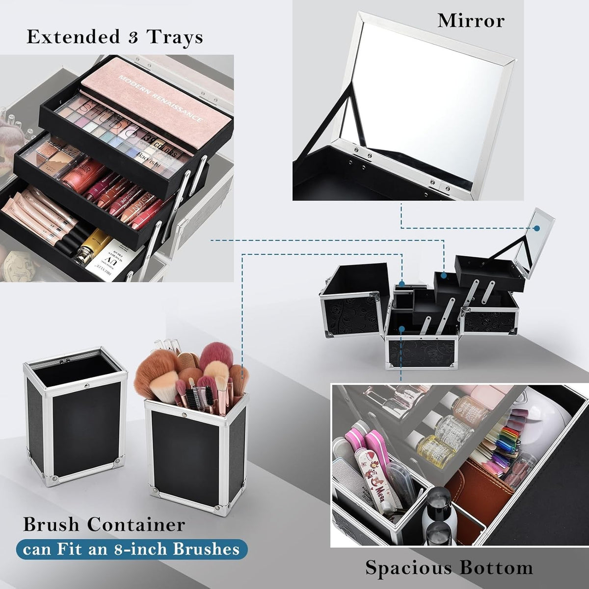 Large Black Floral Makeup Train Case - Portable 11.8 Inch Organizer