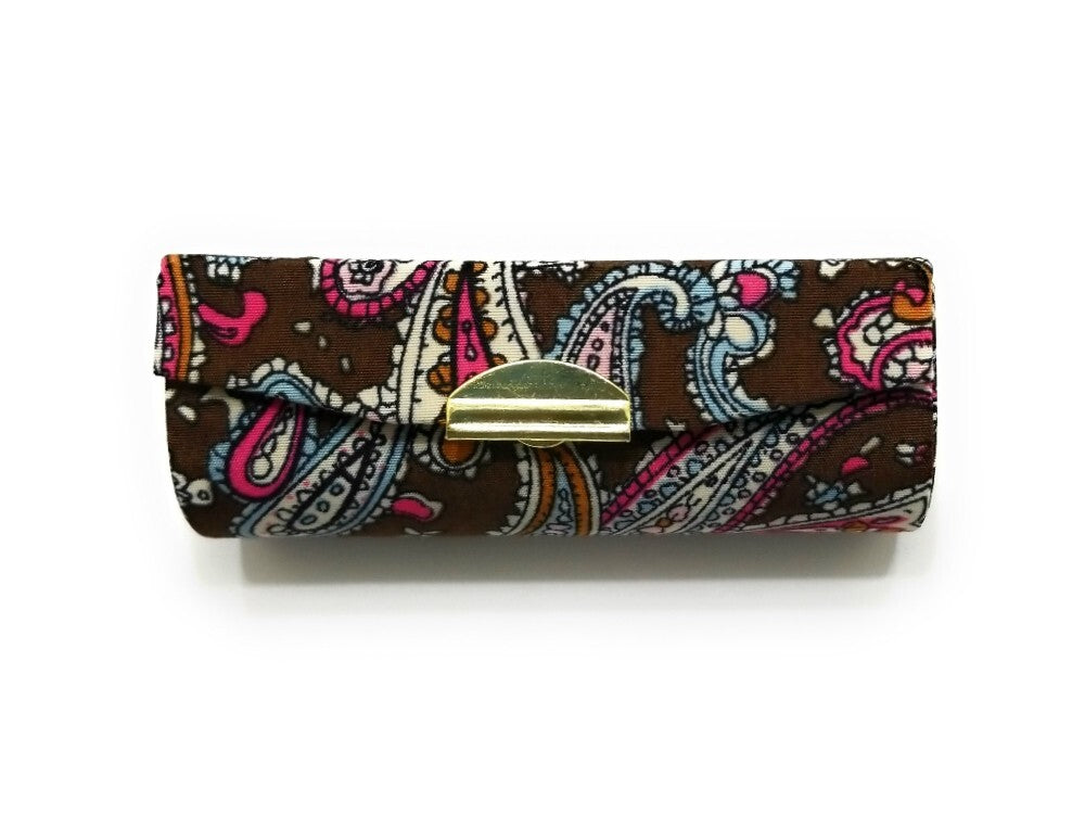 Brown Paisley Lipstick Case with Mirror - Compact Cosmetic Holder