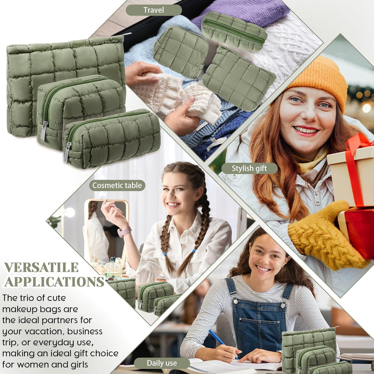 3-Piece Quilted Makeup Bag Set for Women - Travel Cosmetic Pouches with Soft Fabric