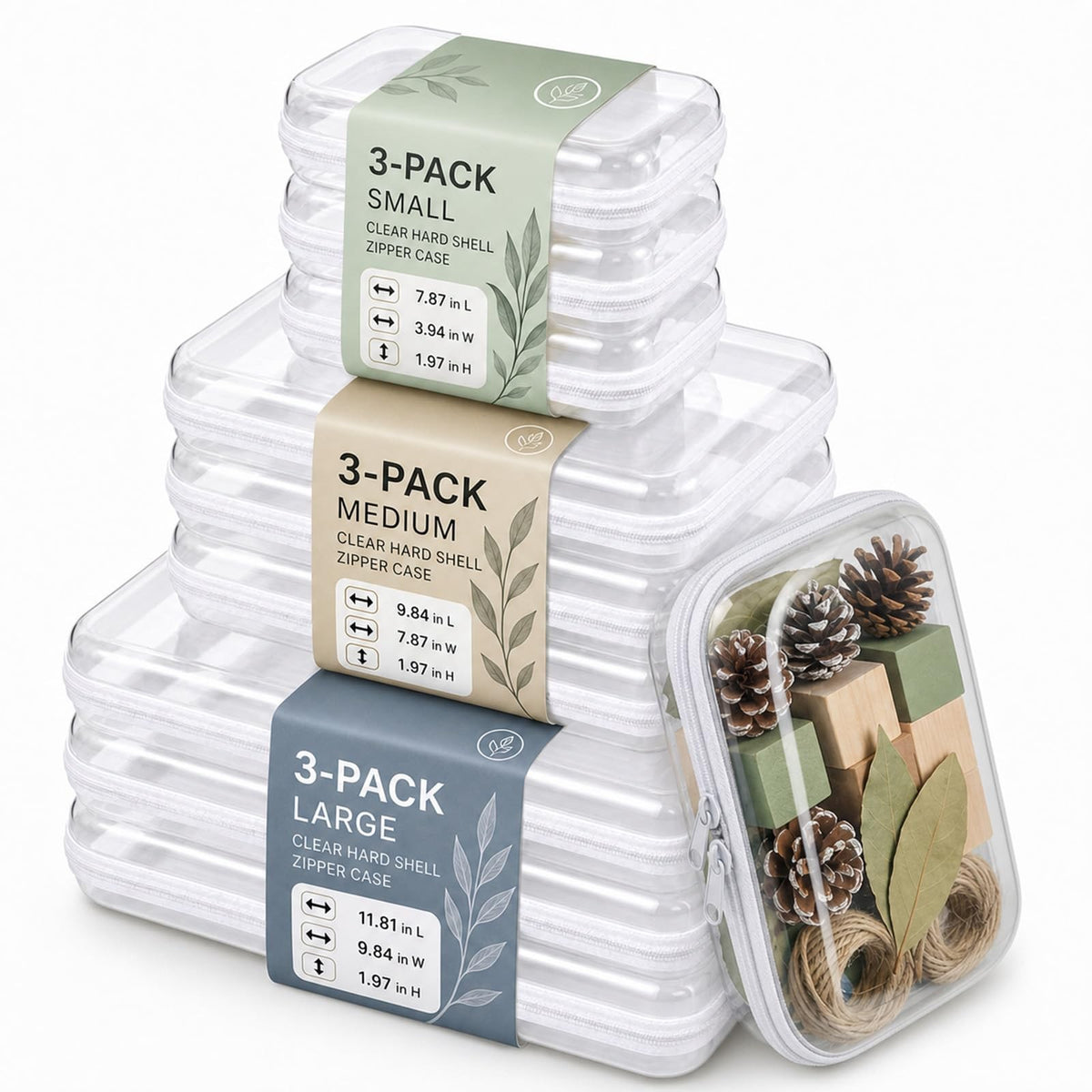 Clear Hard Shell Zipper Organizer Cases Set - Multi-Size Storage Kit