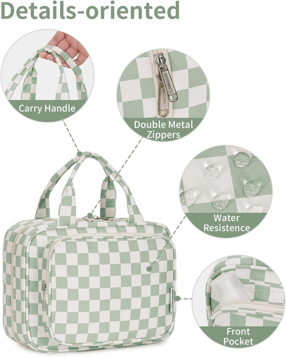 Travel Toiletry Bag with Hanging Organizer for Women and Men - Water-Resistant, Multiple Compartments, Checkered Design