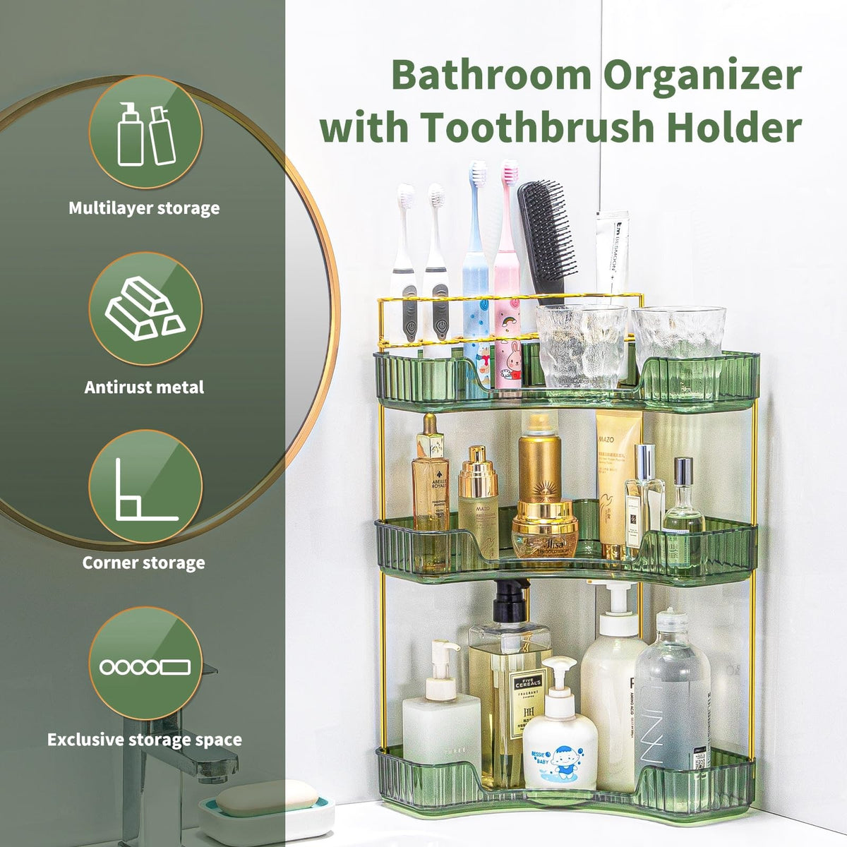 3-Tier Corner Makeup Organizer for Vanity and Bathroom Countertop