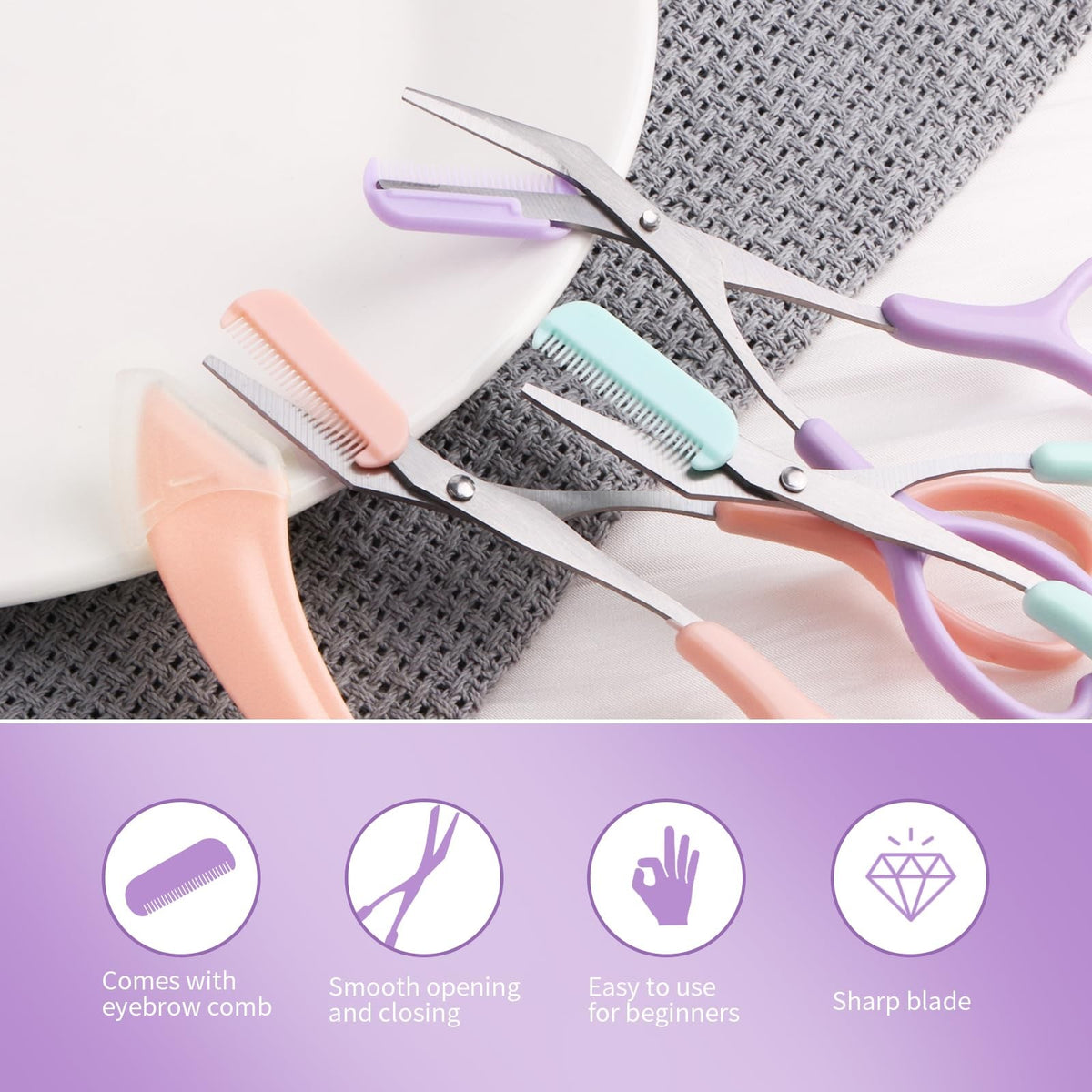 Eyebrow Scissors with Razor and Comb, Light Pink, Green, Purple